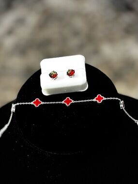 Small Sterling Silver Bracelet with Red Clover Accents and 925 Red Stud Earrings